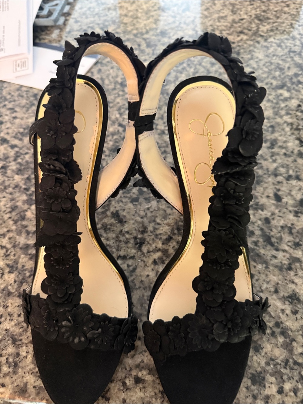 Jessica Simpson Black Floral T-Strap Slingback Heels
